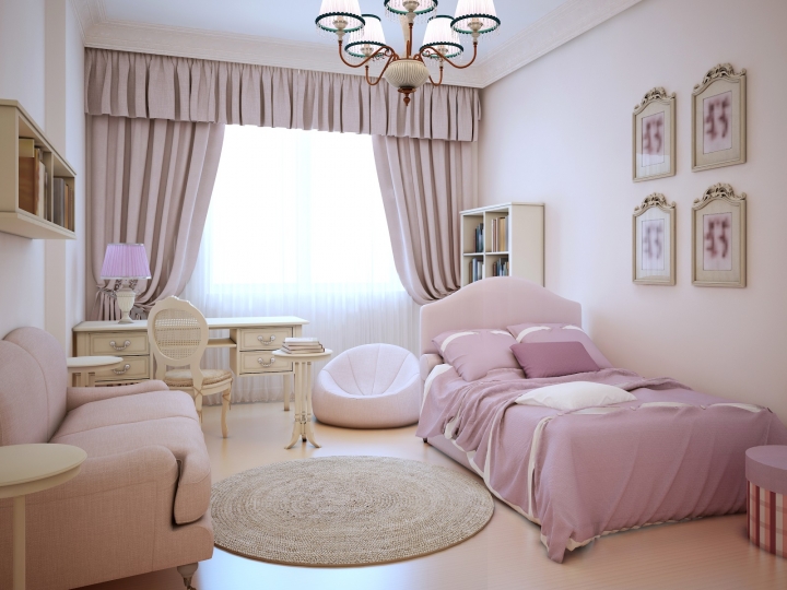 Розовый и персиковые оттенки наполняют комнату уютом и особенным шармом