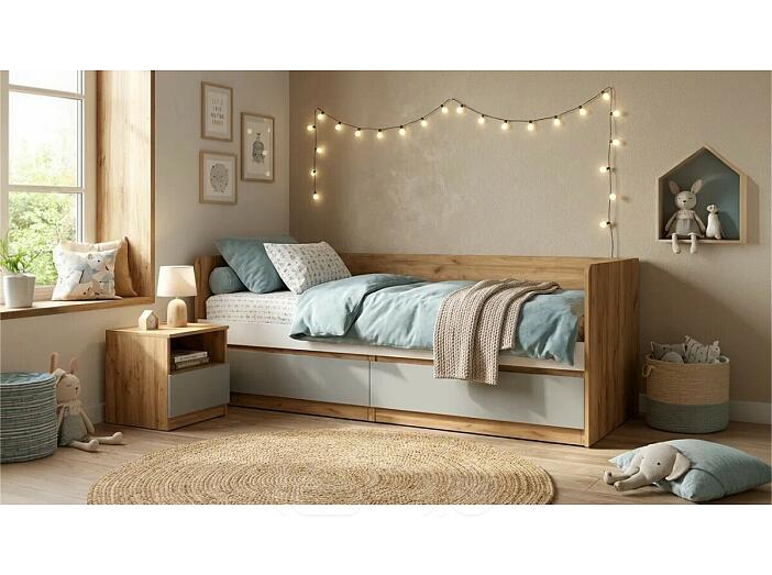 Кровать Челси без обивки мята/сумеречный голубой/дуб крафт без П/М 800x2000, изголовье жесткое