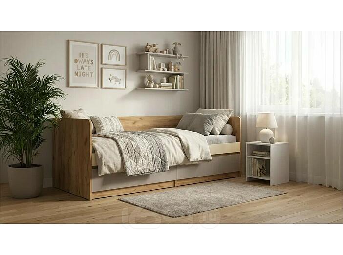 Кровать Челси без обивки слоновая кость/глиняный серый/дуб крафт без П/М 800x2000, изголовье жесткое