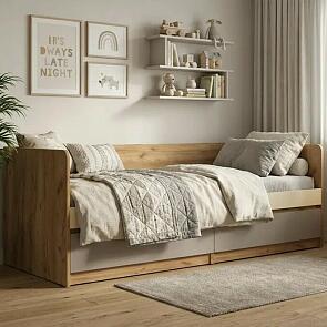 Кровать Челси без обивки слоновая кость/глиняный серый/дуб крафт без П/М 800x2000, изголовье жесткое