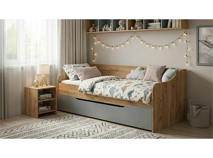 Кровать Челси без обивки дуб крафт/сумеречный голубой без П/М 900x2000, изголовье жесткое