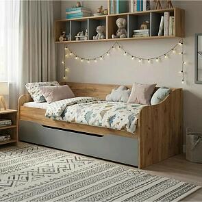 Кровать Челси без обивки дуб крафт/сумеречный голубой без П/М 900x2000, изголовье жесткое