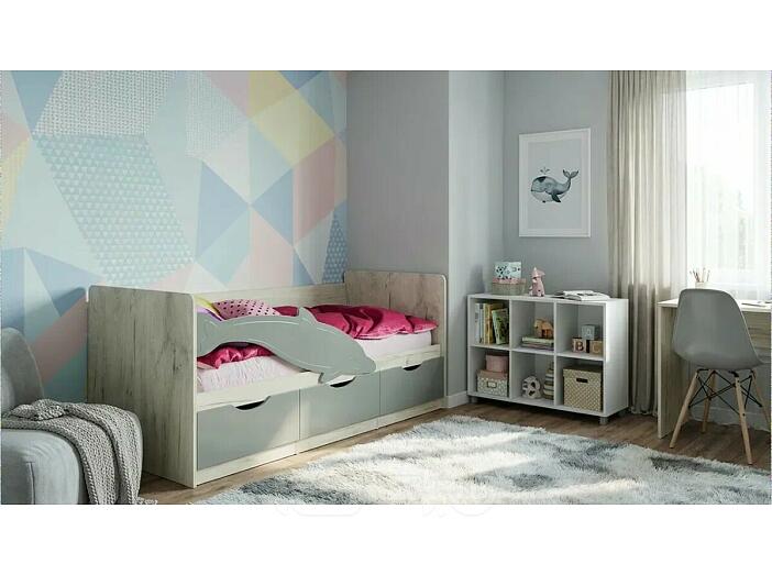 Кровать Дельфин без обивки шарли бриз/дуб крафт белый без подъёмного механизма 800x1600, без ортопедического основания, изголовье жесткое