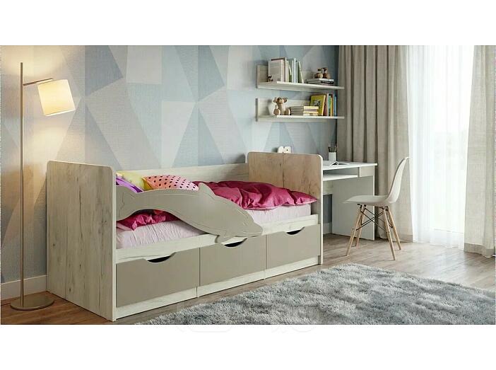 Кровать Дельфин без обивки шарли мокко/дуб крафт белый без подъёмного механизма 800x1600, без ортопедического основания, изголовье жесткое