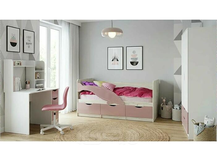 Кровать Дельфин без обивки шарли pink/дуб крафт белый без подъёмного механизма 800x1600, без ортопедического основания, изголовье жесткое