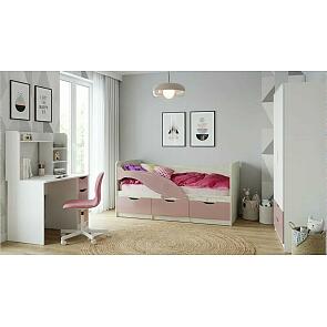 Кровать Дельфин без обивки шарли pink/дуб крафт белый без подъёмного механизма 800x1600, без ортопедического основания, изголовье жесткое