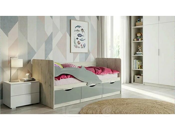 Кровать Дельфин без обивки шарли бриз/дуб крафт белый без подъёмного механизма 800x1800, без ортопедического основания, изголовье жесткое