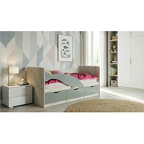 Кровать Дельфин без обивки шарли бриз/дуб крафт белый без подъёмного механизма 800x1800, без ортопедического основания, изголовье жесткое