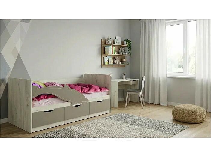 Кровать Дельфин без обивки шарли мокко/дуб крафт белый без подъёмного механизма 800x1800, без ортопедического основания, изголовье жесткое