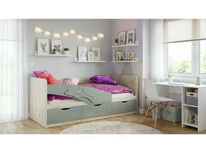 Кровать Дельфин без обивки шарли бриз/дуб крафт белый без подъёмного механизма 800x1600, без ортопедического основания, изголовье жесткое