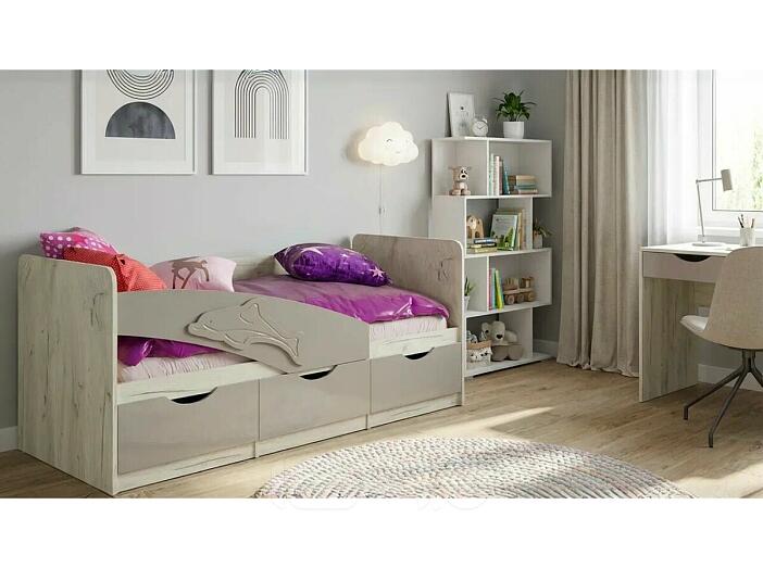 Кровать Дельфин без обивки шарли мокко/дуб крафт белый без подъёмного механизма 800x1600, без ортопедического основания, изголовье жесткое