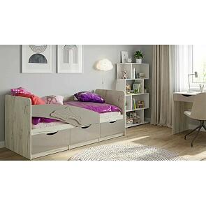 Кровать Дельфин без обивки шарли мокко/дуб крафт белый без подъёмного механизма 800x1600, без ортопедического основания, изголовье жесткое