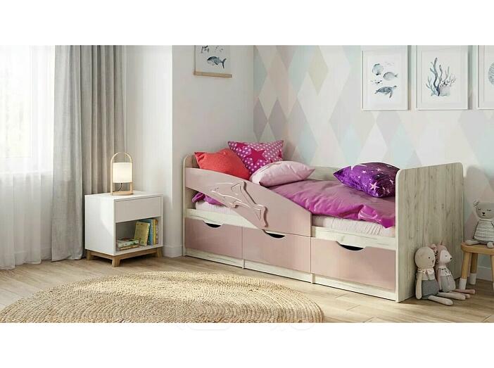 Кровать Дельфин без обивки шарли pink/дуб крафт белый без подъёмного механизма 800x1600, без ортопедического основания, изголовье жесткое