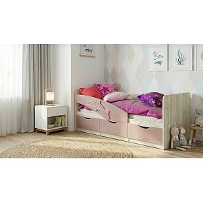 Кровать Дельфин без обивки шарли pink/дуб крафт белый без подъёмного механизма 800x1600, без ортопедического основания, изголовье жесткое