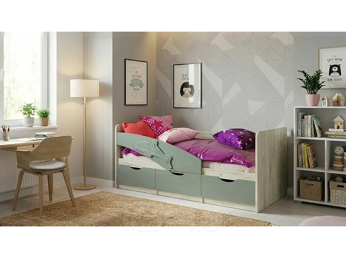 Кровать Дельфин без обивки шарли бриз/дуб крафт белый без подъёмного механизма 800x1800, без ортопедического основания, изголовье жесткое