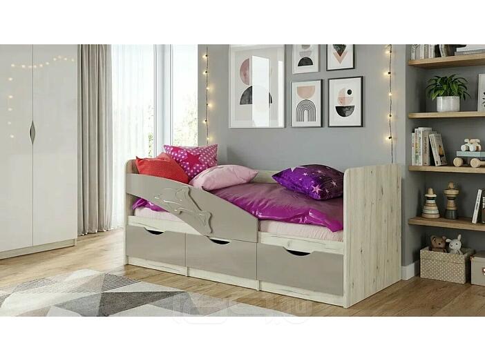 Кровать Дельфин без обивки шарли мокко/дуб крафт белый без подъёмного механизма 800x1800, без ортопедического основания, изголовье жесткое