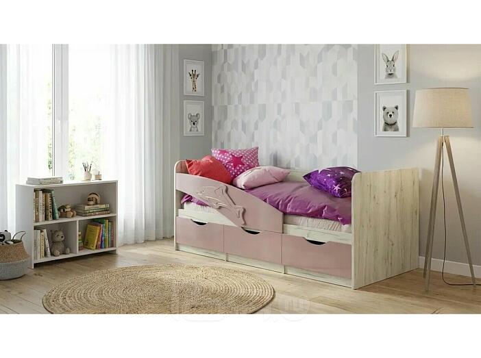 Кровать Дельфин без обивки шарли pink/дуб крафт белый без подъёмного механизма 800x1800, без ортопедического основания, изголовье жесткое