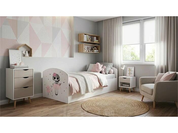 Кровать Юниор без обивки белый/фотопечать/белый без подъёмного механизма 800x2000, без ортопедического основания, изголовье жесткое