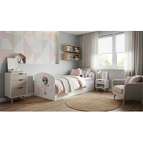 Кровать Юниор без обивки белый/фотопечать/белый без подъёмного механизма 800x2000, без ортопедического основания, изголовье жесткое