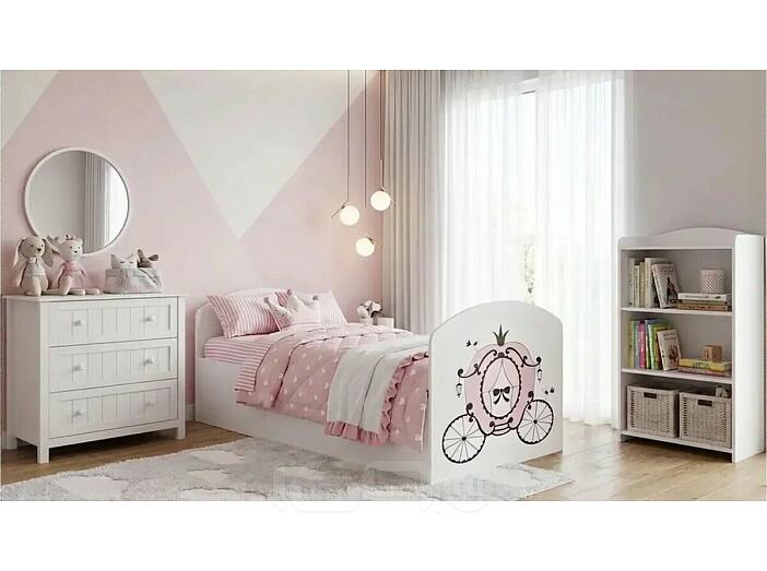 Кровать Юниор без обивки белый/фотопечать/белый без подъёмного механизма 800x2000, без ортопедического основания, изголовье жесткое