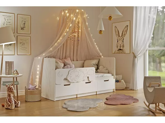 Кровать Юниор без обивки шарли белый/дуб крафт белый без подъёмного механизма 800x1600, без ортопедического основания, изголовье жесткое