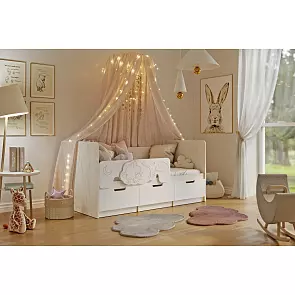 Кровать Юниор без обивки шарли белый/дуб крафт белый без подъёмного механизма 800x1600, без ортопедического основания, изголовье жесткое