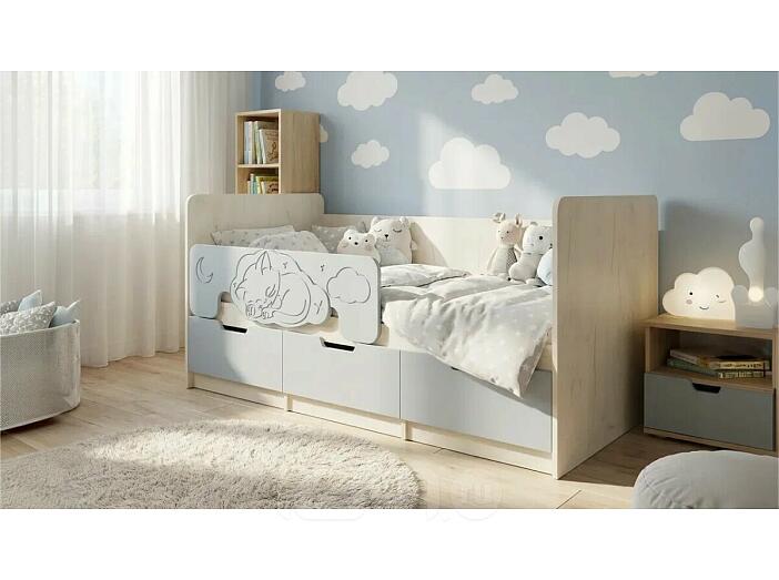 Кровать Юниор без обивки шарли бриз/дуб крафт белый без подъёмного механизма 800x1600, без ортопедического основания, изголовье жесткое