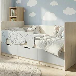 Кровать Юниор без обивки шарли бриз/дуб крафт белый без П/М 800x1600, изголовье жесткое