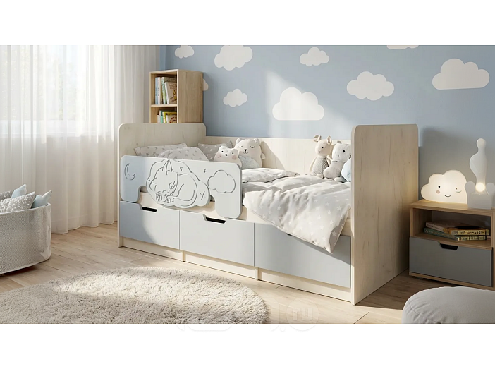 Кровать Юниор без обивки шарли бриз/дуб крафт белый без П/М 800x1600, изголовье жесткое