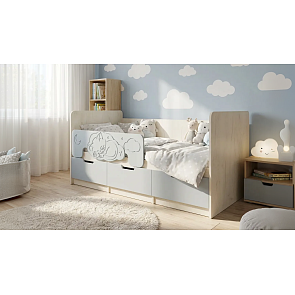Кровать Юниор без обивки шарли бриз/дуб крафт белый без П/М 800x1600, изголовье жесткое