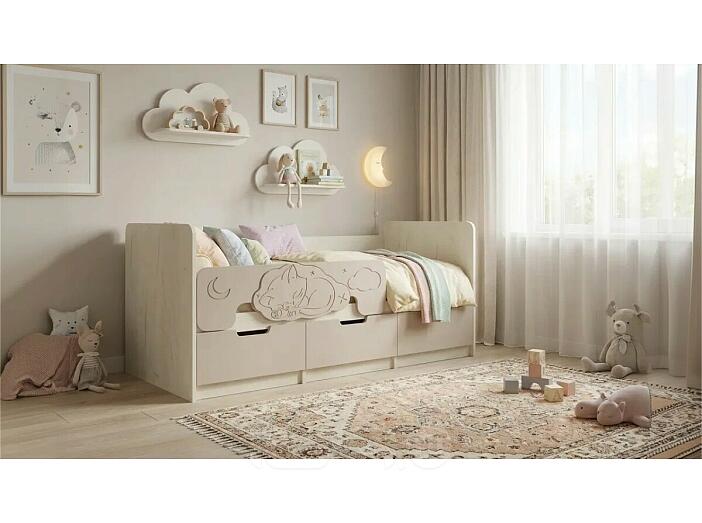 Кровать Юниор без обивки шарли мокко/дуб крафт белый без подъёмного механизма 800x1600, без ортопедического основания, изголовье жесткое