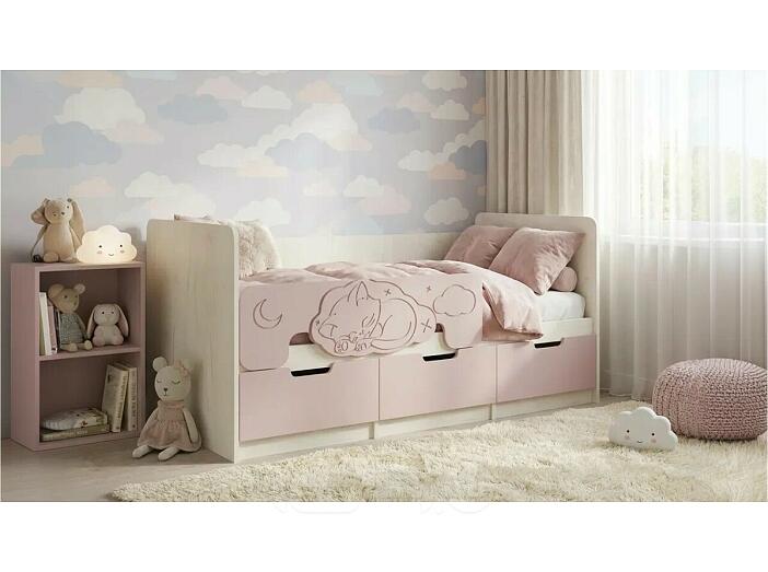 Кровать Юниор без обивки шарли pink/дуб крафт белый без П/М 800x1600, изголовье жесткое