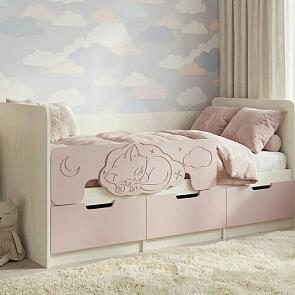 Кровать Юниор без обивки шарли pink/дуб крафт белый без П/М 800x1600, изголовье жесткое
