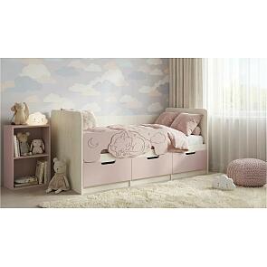 Кровать Юниор без обивки шарли pink/дуб крафт белый без подъёмного механизма 800x1600, без ортопедического основания, изголовье жесткое