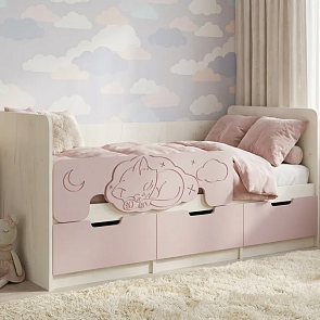 Кровать Юниор без обивки шарли pink/дуб крафт белый без П/М 800x1600, изголовье жесткое