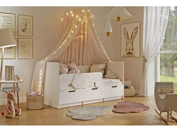 Кровать Юниор без обивки шарли белый/дуб крафт белый без П/М 800x1800, изголовье жесткое