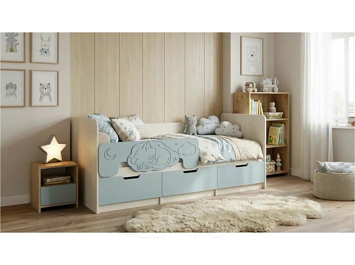 Кровать Юниор без обивки шарли бриз/дуб крафт белый без подъёмного механизма 800x1800, без ортопедического основания, изголовье жесткое