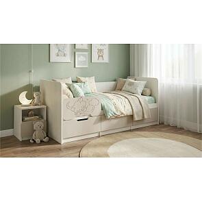 Кровать Юниор без обивки шарли мокко/дуб крафт белый без подъёмного механизма 800x1800, без ортопедического основания, изголовье жесткое