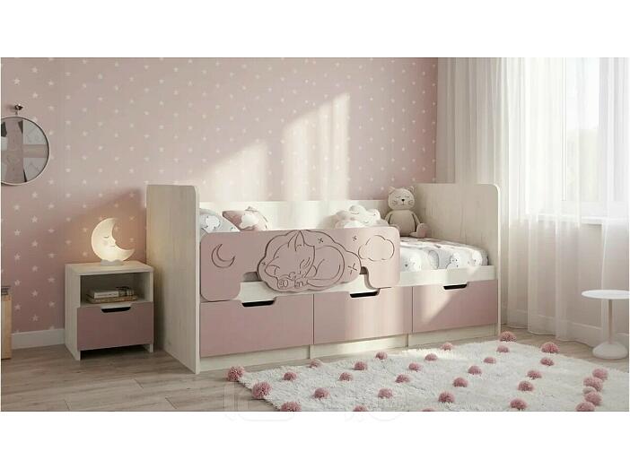 Кровать Юниор без обивки шарли pink/дуб крафт белый без подъёмного механизма 800x1800, без ортопедического основания, изголовье жесткое