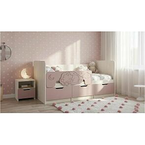 Кровать Юниор без обивки шарли pink/дуб крафт белый без подъёмного механизма 800x1800, без ортопедического основания, изголовье жесткое