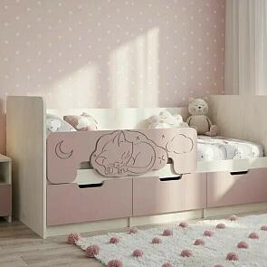 Кровать Юниор без обивки шарли pink/дуб крафт белый без П/М 800x1800, изголовье жесткое