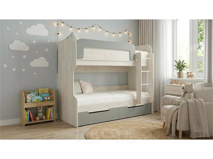 Кровать Юниор без обивки шарли бриз/дуб крафт белый без П/М 800x2000, изголовье жесткое