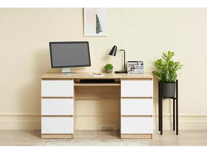 Челси Стол 6 ящиков (Белый глянец холодный, дуб сонома)