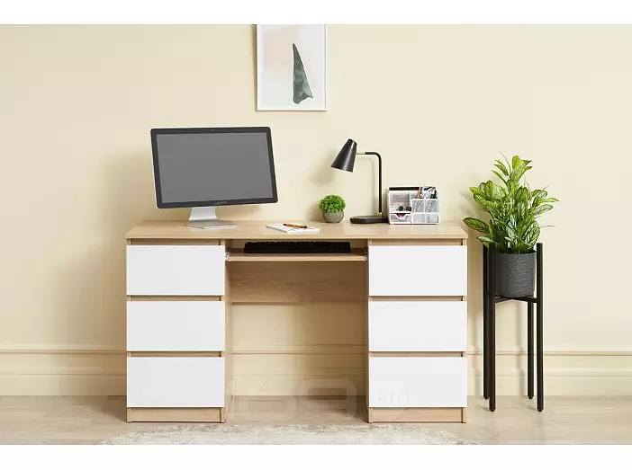 Челси Стол 6 ящиков (Белый глянец холодный, дуб сонома)