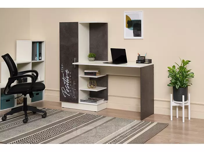 Вега NEW Позитив Стол компьютерный №1 с фотопечатью 1450х1350х500 (УПКФ) (Бетон темный, Белый(УПКФ))