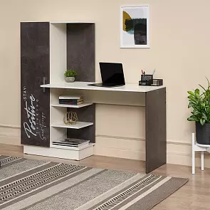 Вега NEW Позитив Стол компьютерный №1 с фотопечатью 1450х1350х500 (УПКФ) (Бетон темный, Белый(УПКФ))