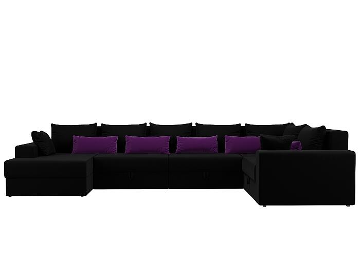 Диван п-образный Майами Микровельвет Черный с черными и фиолетовыми подушками