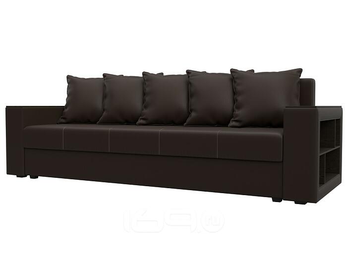 Диван прямой дубай лайт полки справа экокожа коричневый еврокнижка