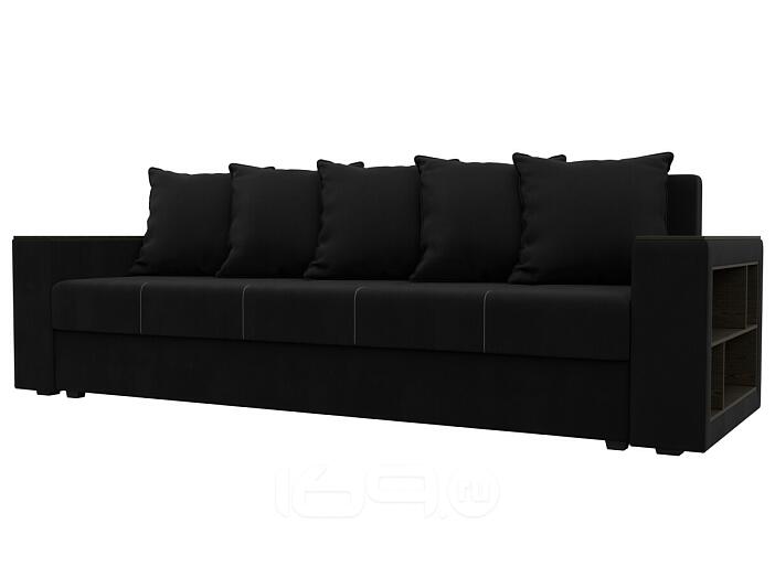 Диван прямой дубай лайт полки справа микровельвет чёрный еврокнижка