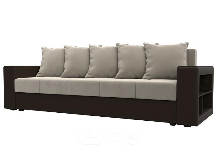 Диван прямой дубай лайт полки справа микровельвет/экокожа бежевый/коричневый еврокнижка